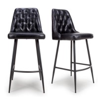 Set Of 2 Real Leather Black Kitchen Stools with Quilted Back - Jaxson