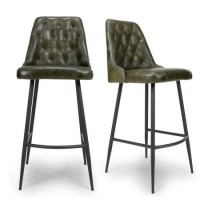 Set Of 2 Leather Green Kitchen Stools with Quilted back- Jaxson