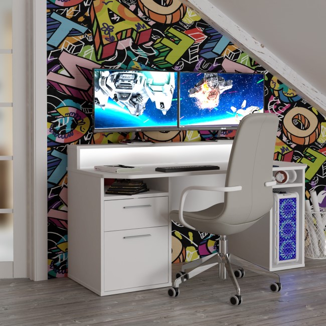 White Gaming Desk with Colour Changing LED - Tezaur