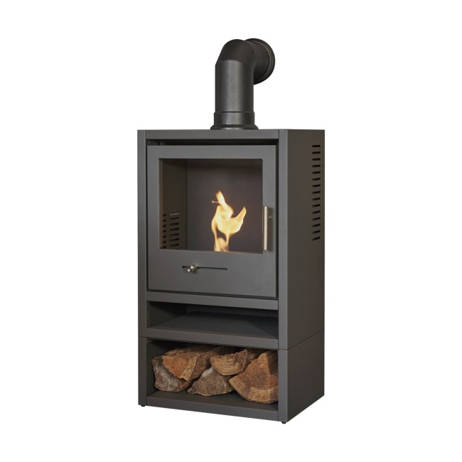 OKO S1 Bioethanol Stove with Log Storage in Charcoal Grey & Angled Stove Pipe