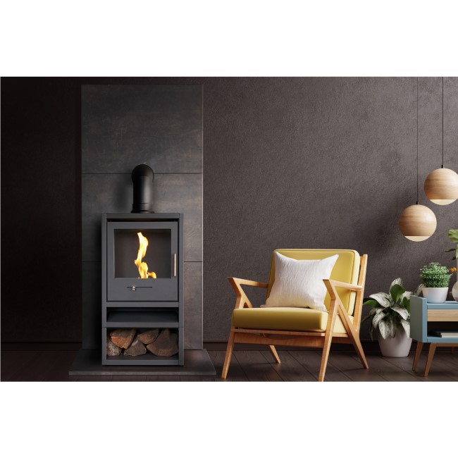 OKO S1 Bioethanol Stove with Log Storage in Charcoal Grey & Angled Stove Pipe