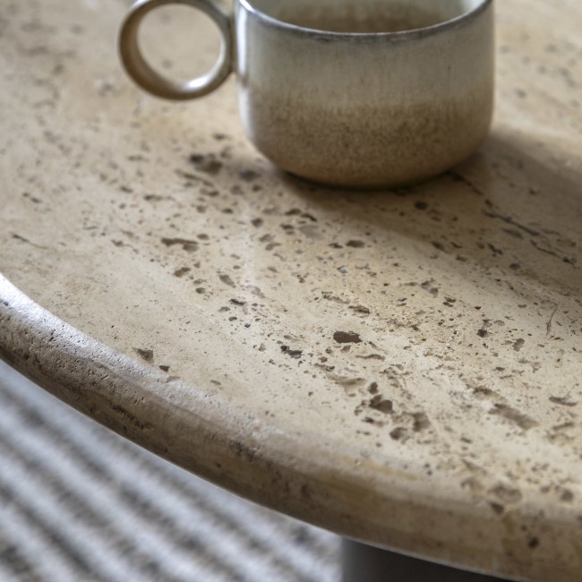 Round Travertine Coffee Table with Mango wood Legs - Trevi - Caspian House 