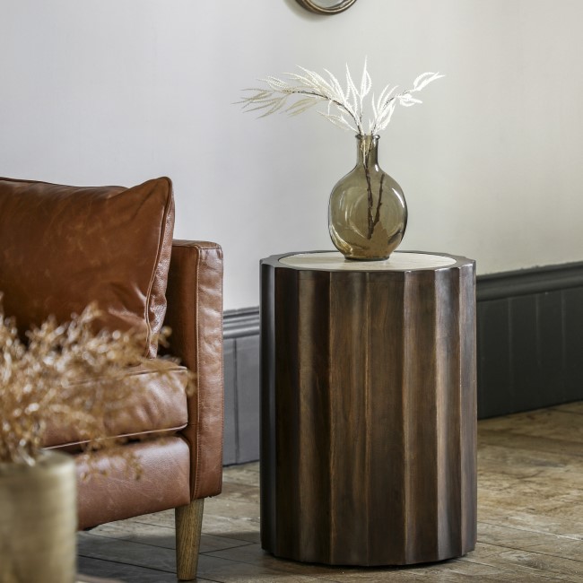 Mango Wood Side Table with Travertine Top - Cascia - Caspian House