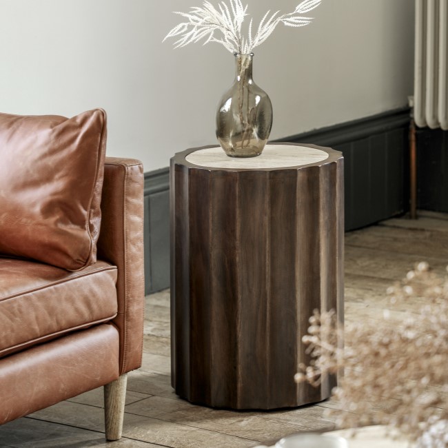 Mango Wood Side Table with Travertine Top - Cascia - Caspian House