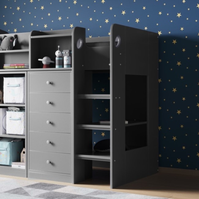 Junior High Sleeper Bed with Wardrobe Storage in Grey - Wizard - Flair