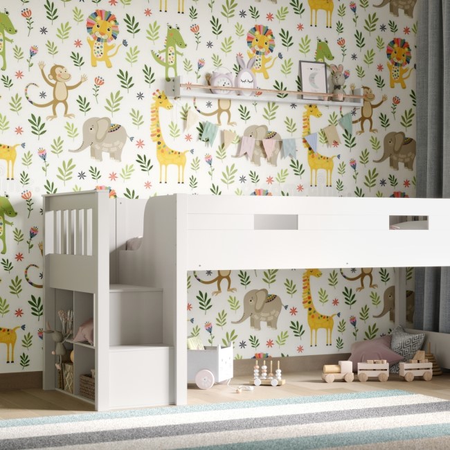 White Mid Sleeper Cabin Bed with Storage and Stairs - Charlie - Flair