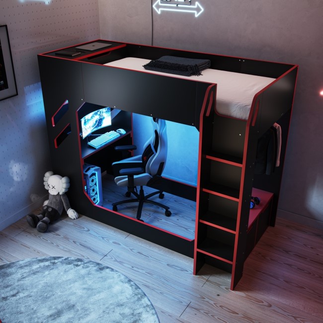 High Sleeper Gaming Bed with Desk and Wardrobe Storage in Black - Shuttle - Flair