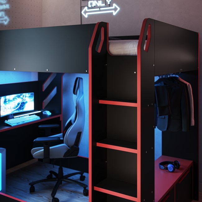 High Sleeper Gaming Bed with Desk and Wardrobe Storage in Black - Shuttle - Flair