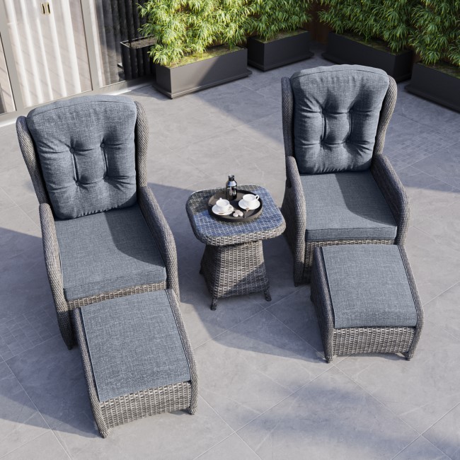 Reclining Rattan Garden Sun Lounger Set with Table and Footstools - Dark Grey - Aspen