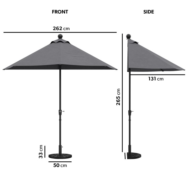 Dark Grey Half Parasol with Weighted Base and Cover Included - 2.6m x 1.3m - Fortrose