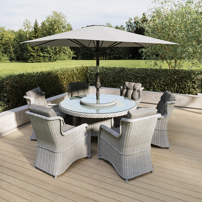 6 Seater Grey Round Rattan Garden Dining Set with Lazy Susan and Parasol - Aspen