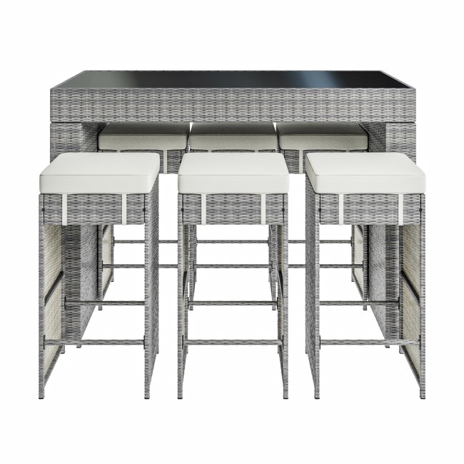 6 Seater Grey Rattan Garden Bar Set with Premium Glass Topped Bar Table - Fortrose