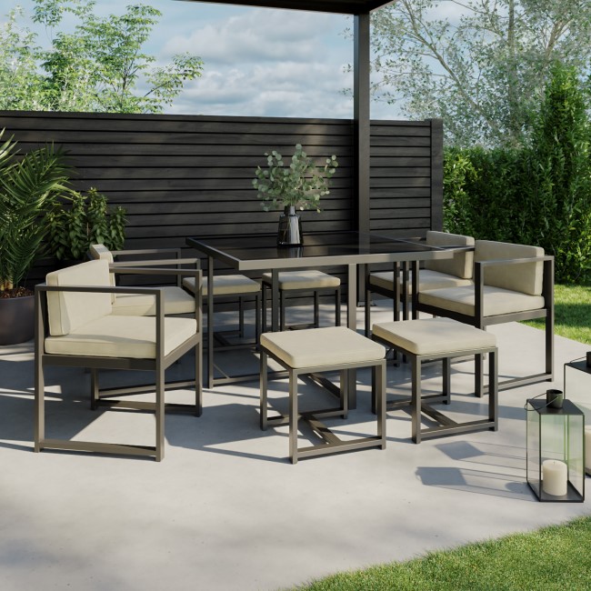 8 Seater Grey Metal Cube Set with Beige Cushions - Como