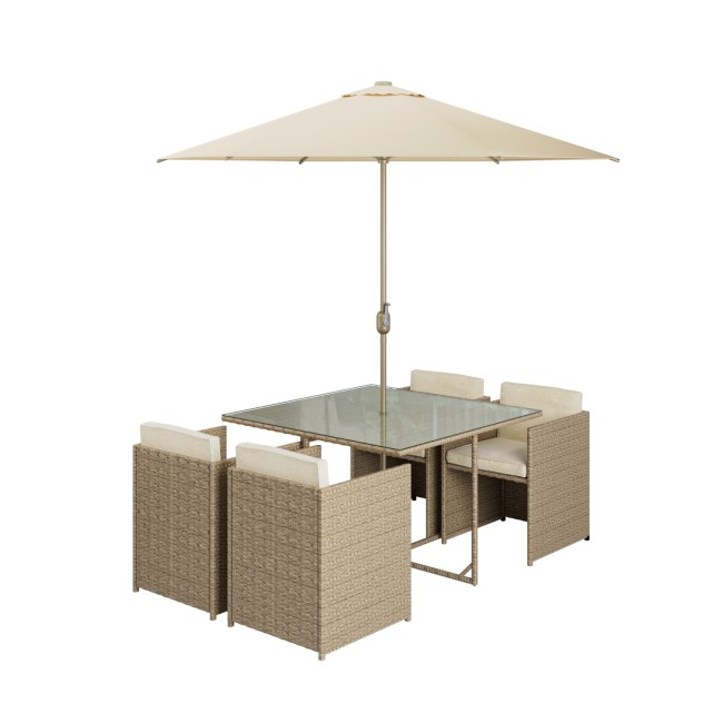 4 Seater Neutral Rattan Cube Garden Dining Set with Parasol Included - Como