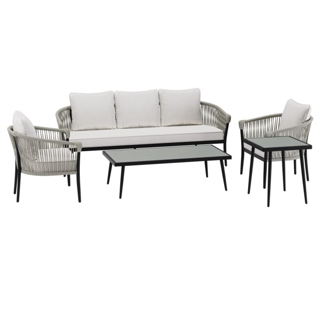 ONLY OPENED - 5 Seater Cream Rope and Black Metal Garden Sofa Set with Coffee Tables - Aspen