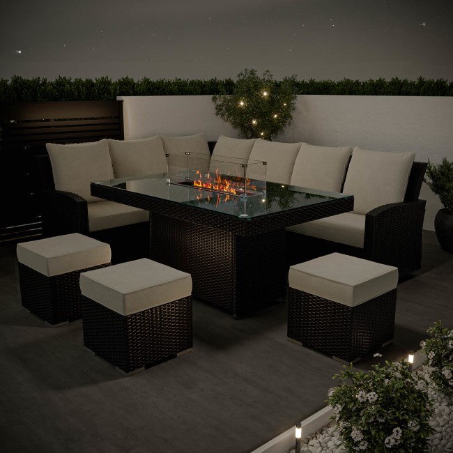 8 Seater Black Rattan Corner Garden Dining Set with Firepit Table - Aspen