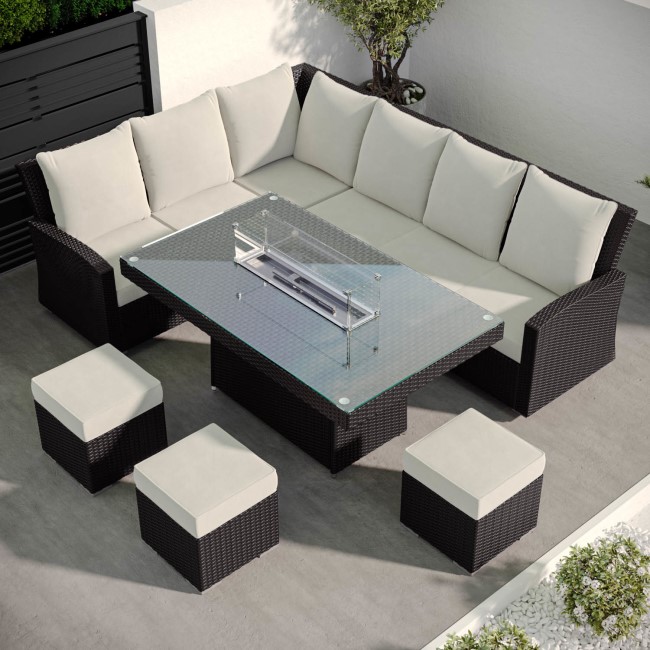 8 Seater Black Rattan Corner Garden Dining Set with Firepit Table - Aspen