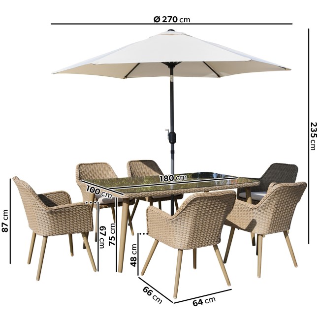 6 Seater Rattan Outdoor Dining Set with Parasol Included - Fortrose