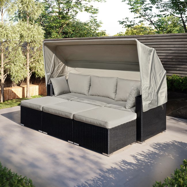 3 Seater Black Rattan Modular Cube Sun Lounger Sofa Set with Sun Shade - Fortrose