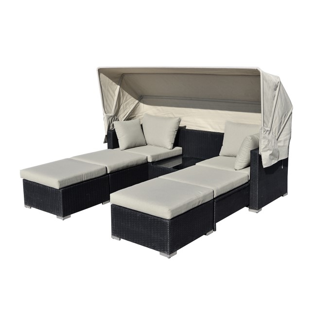 3 Seater Black Rattan Modular Cube Sun Lounger Sofa Set with Sun Shade - Fortrose