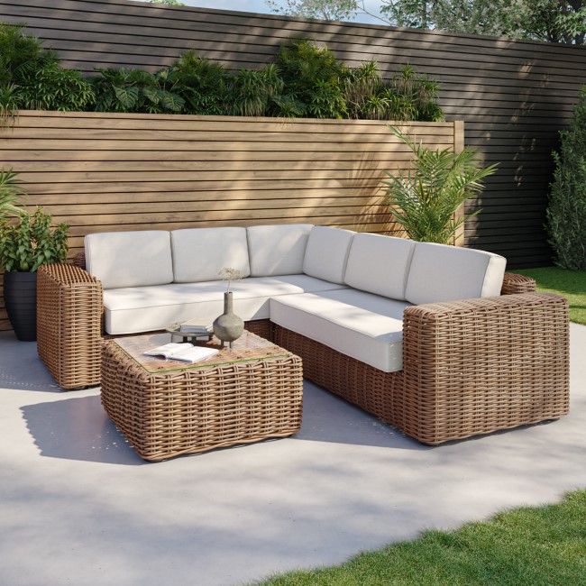 ONLY OPENED - 5 Seater Thick Light Rattan Corner Sofa Set with Griege Cushions - Como