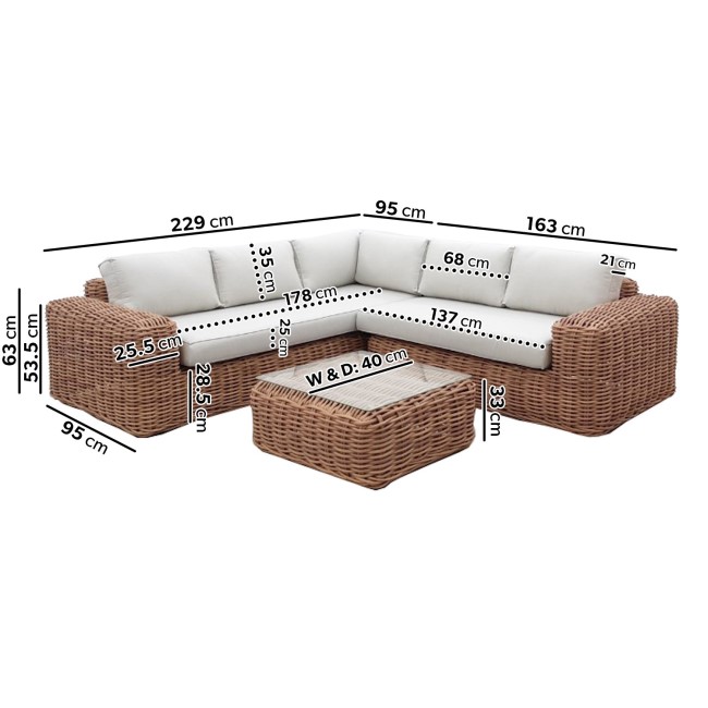 ONLY OPENED - 5 Seater Thick Light Rattan Corner Sofa Set with Griege Cushions - Como