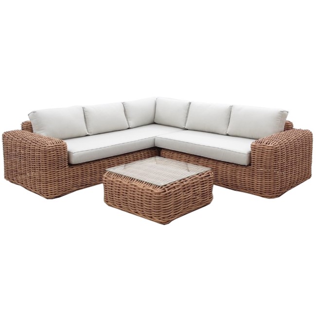 ONLY OPENED - 5 Seater Thick Light Rattan Corner Sofa Set with Griege Cushions - Como