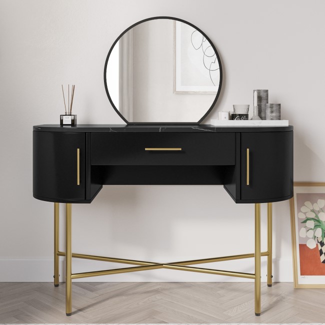 Black Marble Top Dressing Table with Mirror and Storage Drawers - Gigi