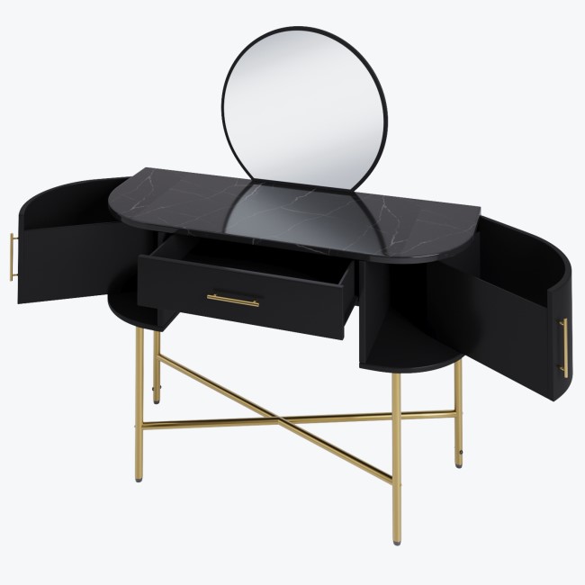 Black Marble Top Dressing Table with Mirror and Storage Drawers - Gigi