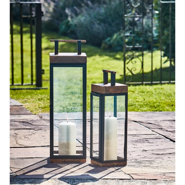 Ivyline Small Black Acacia Wood Tall Lantern Grace -Ivyline