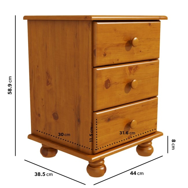 Pine 3 Drawer Bedside Table - Hamilton