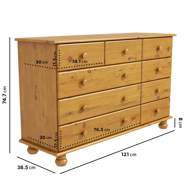 Wide Pine Chest of 9 Drawers - Hamilton