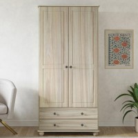 Light Wood with White Wash 2-Door Double Wardrobe with Drawers - Hampton