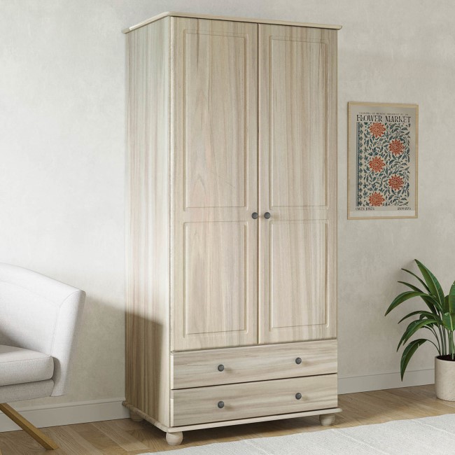 Light Wood with White Wash 2-Door Double Wardrobe with Drawers - Hampton