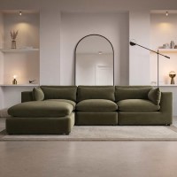 Large Khaki Green Velvet Reversible 4 Seater Corner Sofa - Hudson