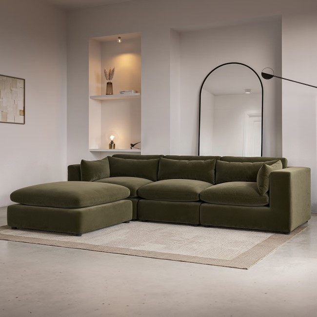 Large Khaki Green Velvet Reversible 4 Seater Corner Sofa - Hudson