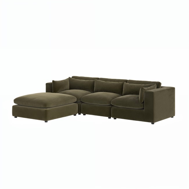 Large Khaki Green Velvet Reversible 4 Seater Corner Sofa - Hudson