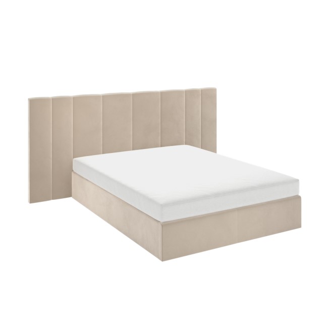 Beige Velvet Double Ottoman Bed with Wide Headboard - Iman