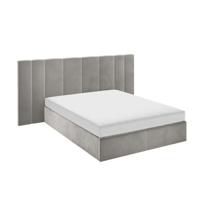 Grey Velvet Double Ottoman Bed with Wide Headboard - Iman