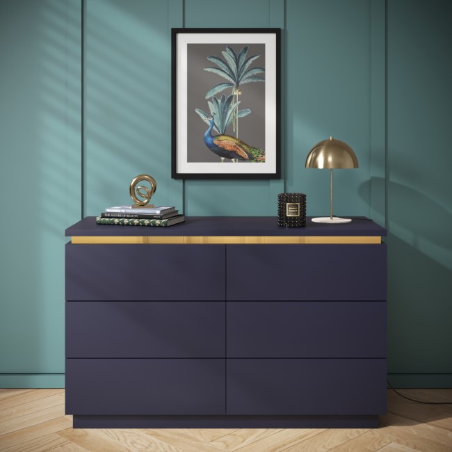 Wide Navy Blue Chest of 6 Drawers with Metallic Trim - Isabella