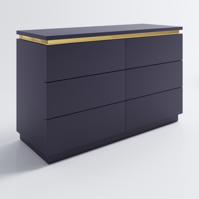 Wide Navy Blue Chest of 6 Drawers with Metallic Trim - Isabella