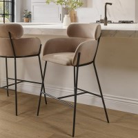 Beige Velvet Curved Kitchen Stool with Back - Isla