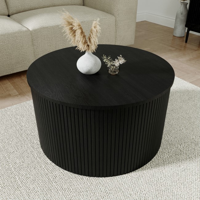 Round Black Oak Coffee Table with Storage - Jarel