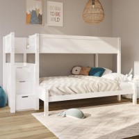 Triple Bunk Bed with Stairs and Storage in White - Jaycee