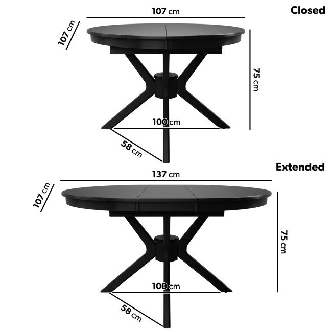 Large Black Wooden Extendable Round to Oval Dining Table - Seats 4 - 6 - Karie