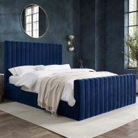 Navy Blue Velvet King Size Side-Lift Ottoman Bed - Khloe