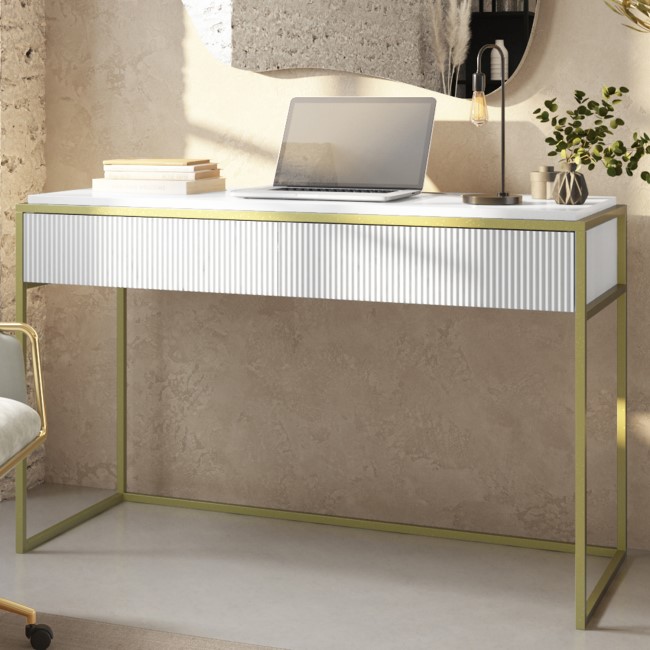 White and Gold Ribbed Desk with Drawers - Larsen