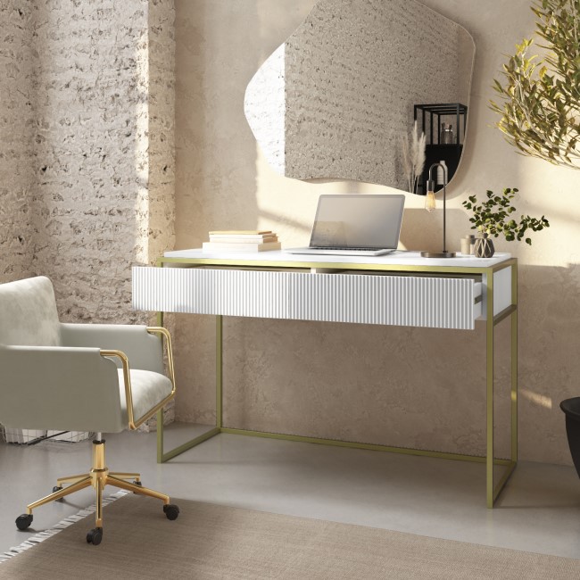 White and Gold Ribbed Desk with Drawers - Larsen