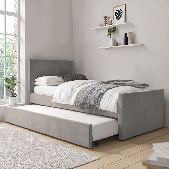 Single Guest Bed with Trundle and 2 Mattresses in Grey Velvet - Layla