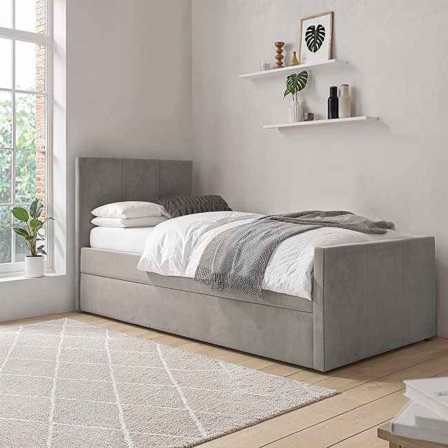 Single Guest Bed with Trundle and 2 Mattresses in Grey Velvet - Layla